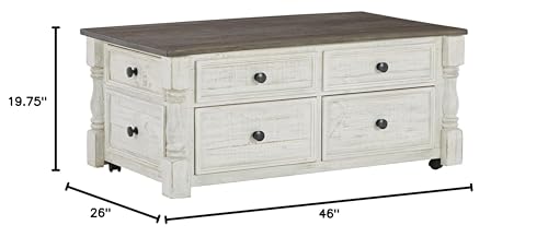 Signature Design by Ashley Havalance Farmhouse Lift Top Coffee Table with Fixed Shelf and 2 Hidden Storage Trays, Gray & White with Weathered Finish