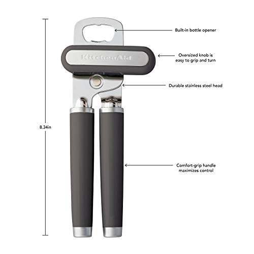 KitchenAid Classic Multifunction Can Opener and Bottle Opener Easy to Use, Razor Sharp Stainless Steel Cutting Wheel, Soft Ergonomic Handles, Black