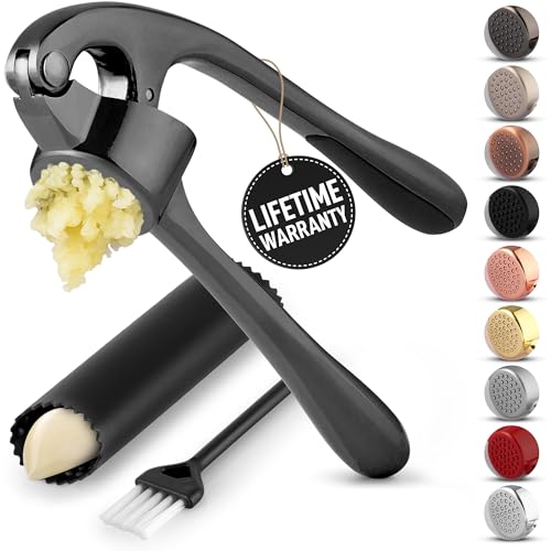 Zulay Kitchen Premium Garlic Press Set - Rust Proof & Dishwasher Safe Professional Garlic Mincer Tool - Easy-Squeeze, Easy-Clean with Soft, Ergonomic Handle - Silicone Garlic Peeler & Brush (Silver)
