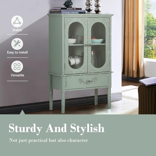 MFSTUDIO Accent Storage Cabinet with 2 Doors, Distressed Storage Cabinet Buffet Sideboard Display Cabinet with Metal Church Window Door for Entryway Living Room Kitchen, Black