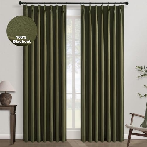 Topfinel 120 Inches Long Extra Long Pinch Pleat Faux Linen Curtains for Living Room,Neutral Beige 100 Percent Blackout Floor to Ceiling Farmhouse Sound Absorbing Drapes 2 Panels for Track System 10 FT
