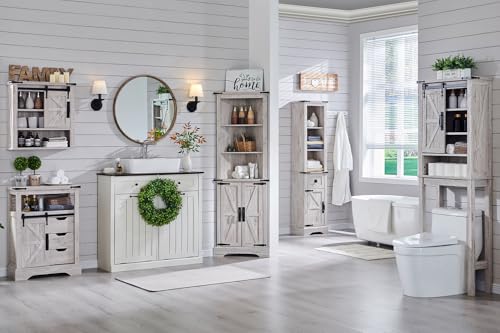OKD Tall Corner Cabinet, Farmhouse Storage Cabinet with Barn Door Design & Adjustable Shelves, Home Space Saver for Bathroom, Living Room, Rustic Oak with Antique White