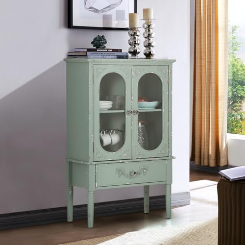 MFSTUDIO Accent Storage Cabinet with 2 Doors, Distressed Storage Cabinet Buffet Sideboard Display Cabinet with Metal Church Window Door for Entryway Living Room Kitchen, Black
