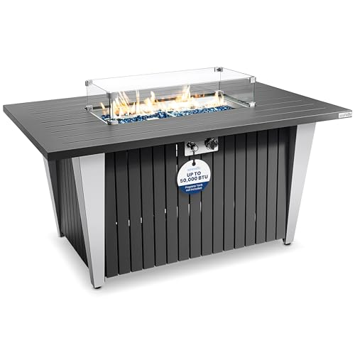 SereneLife Outdoor Propane Gas Fire Pit Table – 50,000 BTU Auto-Ignition Firepit with Glass Wind Guard, Black Tempered Glass Top & Clear Glass Rocks for Garden, Patio, or Backyard