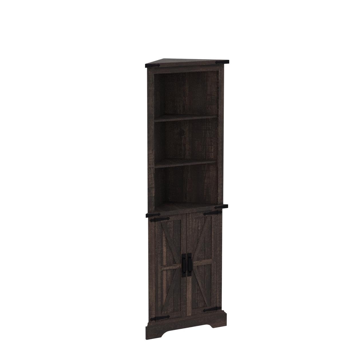 OKD Tall Corner Cabinet, Farmhouse Storage Cabinet with Barn Door Design & Adjustable Shelves, Home Space Saver for Bathroom, Living Room, Rustic Oak with Antique White
