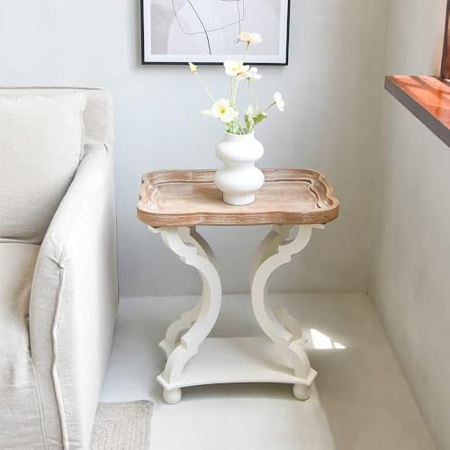 Kinfant Square Accent Side Table - Vintage Wood End Table Sofa Table with Bottom Shelf for Living Room, Bedroom, Office, White