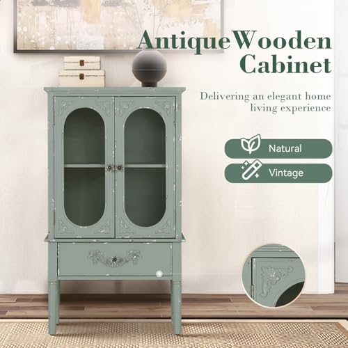 MFSTUDIO Accent Storage Cabinet with 2 Doors, Distressed Storage Cabinet Buffet Sideboard Display Cabinet with Metal Church Window Door for Entryway Living Room Kitchen, Black