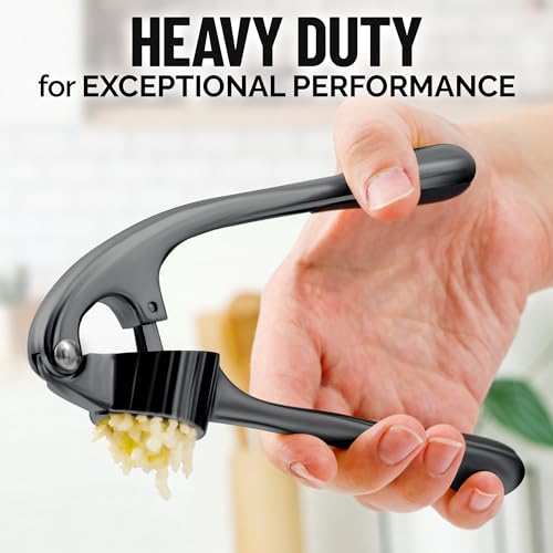 Zulay Kitchen Premium Garlic Press Set - Rust Proof & Dishwasher Safe Professional Garlic Mincer Tool - Easy-Squeeze, Easy-Clean with Soft, Ergonomic Handle - Silicone Garlic Peeler & Brush (Silver)