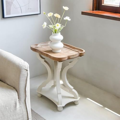 Kinfant Square Accent Side Table - Vintage Wood End Table Sofa Table with Bottom Shelf for Living Room, Bedroom, Office, White