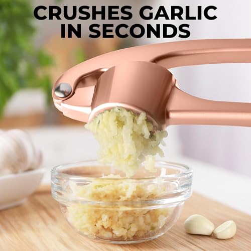 Zulay Kitchen Premium Garlic Press Set - Rust Proof & Dishwasher Safe Professional Garlic Mincer Tool - Easy-Squeeze, Easy-Clean with Soft, Ergonomic Handle - Silicone Garlic Peeler & Brush (Silver)