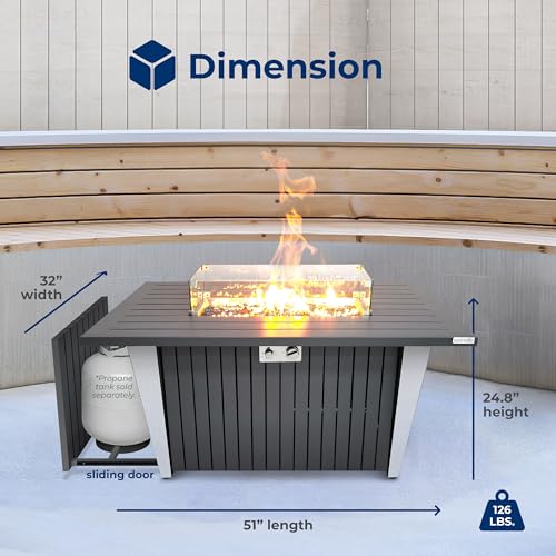 SereneLife Outdoor Propane Gas Fire Pit Table – 50,000 BTU Auto-Ignition Firepit with Glass Wind Guard, Black Tempered Glass Top & Clear Glass Rocks for Garden, Patio, or Backyard