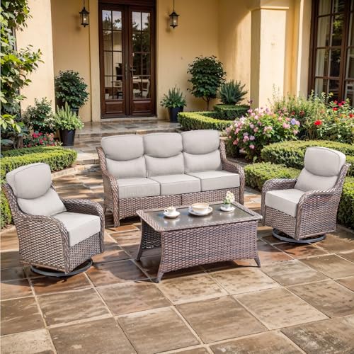 Luxury Outdoor Swivel Rocker Patio Chairs, High Back Swivel Patio Chairs with Side Table & 6-Inch Thick Cushions, Wicker Outdoor Bistro Set for Porch, Yard, Deck, Poolside, Brown/Beige