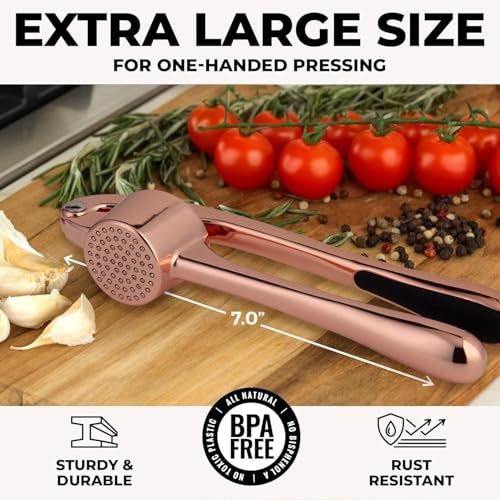 Zulay Kitchen Premium Garlic Press Set - Rust Proof & Dishwasher Safe Professional Garlic Mincer Tool - Easy-Squeeze, Easy-Clean with Soft, Ergonomic Handle - Silicone Garlic Peeler & Brush (Silver)
