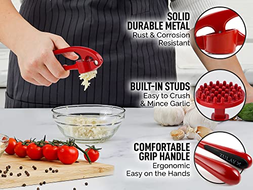 Zulay Kitchen Premium Garlic Press Set - Rust Proof & Dishwasher Safe Professional Garlic Mincer Tool - Easy-Squeeze, Easy-Clean with Soft, Ergonomic Handle - Silicone Garlic Peeler & Brush (Silver)