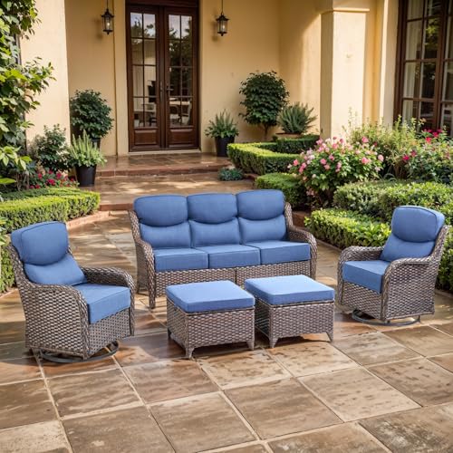 Luxury Outdoor Swivel Rocker Patio Chairs, High Back Swivel Patio Chairs with Side Table & 6-Inch Thick Cushions, Wicker Outdoor Bistro Set for Porch, Yard, Deck, Poolside, Brown/Beige
