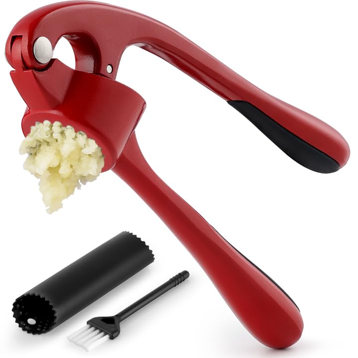 Zulay Kitchen Premium Garlic Press Set - Rust Proof & Dishwasher Safe Professional Garlic Mincer Tool - Easy-Squeeze, Easy-Clean with Soft, Ergonomic Handle - Silicone Garlic Peeler & Brush (Silver)