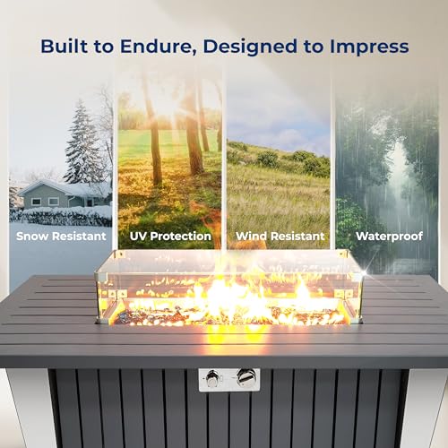 SereneLife Outdoor Propane Gas Fire Pit Table – 50,000 BTU Auto-Ignition Firepit with Glass Wind Guard, Black Tempered Glass Top & Clear Glass Rocks for Garden, Patio, or Backyard