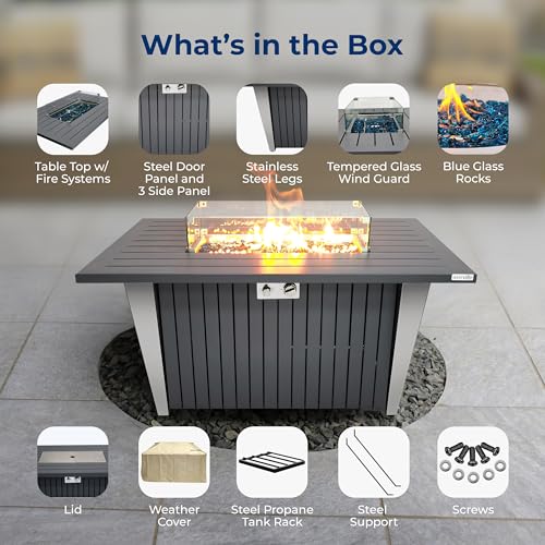 SereneLife Outdoor Propane Gas Fire Pit Table – 50,000 BTU Auto-Ignition Firepit with Glass Wind Guard, Black Tempered Glass Top & Clear Glass Rocks for Garden, Patio, or Backyard
