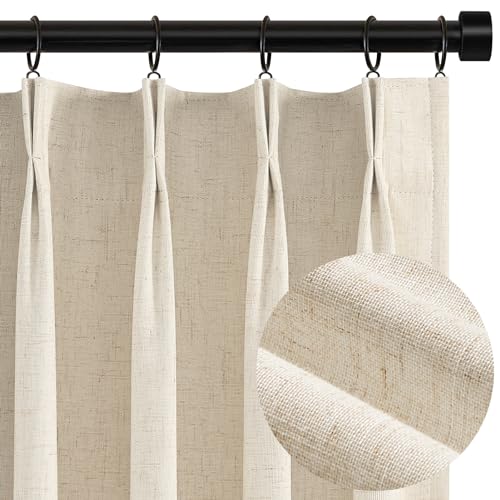 Topfinel 120 Inches Long Extra Long Pinch Pleat Faux Linen Curtains for Living Room,Neutral Beige 100 Percent Blackout Floor to Ceiling Farmhouse Sound Absorbing Drapes 2 Panels for Track System 10 FT