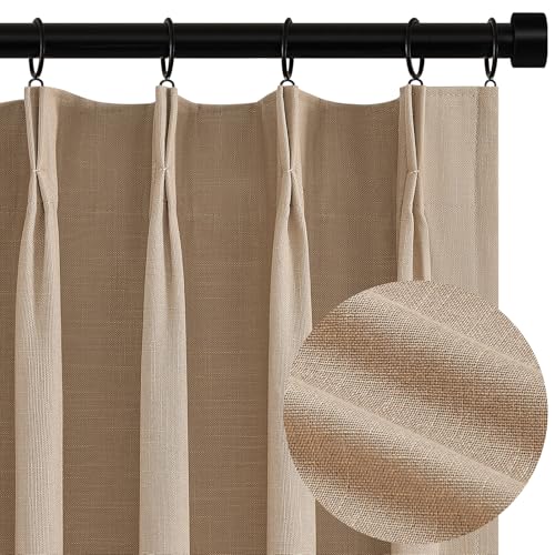 Topfinel 120 Inches Long Extra Long Pinch Pleat Faux Linen Curtains for Living Room,Neutral Beige 100 Percent Blackout Floor to Ceiling Farmhouse Sound Absorbing Drapes 2 Panels for Track System 10 FT