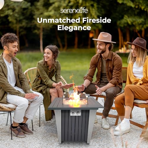 SereneLife Outdoor Propane Gas Fire Pit Table – 50,000 BTU Auto-Ignition Firepit with Glass Wind Guard, Black Tempered Glass Top & Clear Glass Rocks for Garden, Patio, or Backyard
