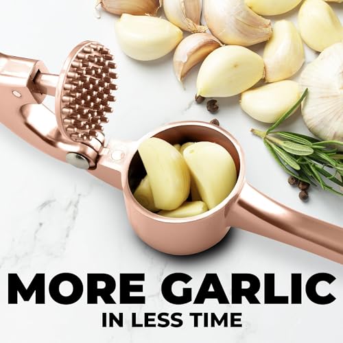 Zulay Kitchen Premium Garlic Press Set - Rust Proof & Dishwasher Safe Professional Garlic Mincer Tool - Easy-Squeeze, Easy-Clean with Soft, Ergonomic Handle - Silicone Garlic Peeler & Brush (Silver)