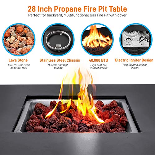 SereneLife Outdoor Propane Gas Fire Pit Table – 50,000 BTU Auto-Ignition Firepit with Glass Wind Guard, Black Tempered Glass Top & Clear Glass Rocks for Garden, Patio, or Backyard
