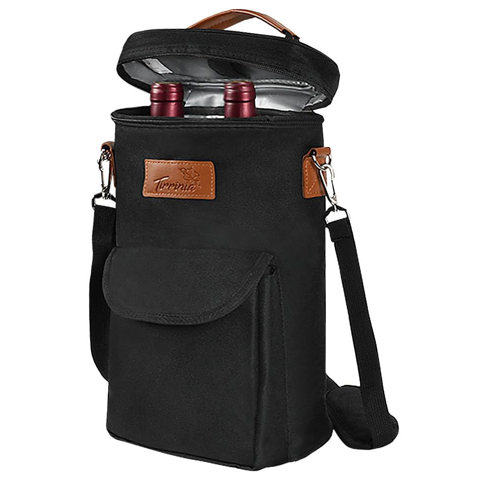 Tirrinia 2 Bottle Leakproof Insulated Wine Tote Carrier Bag - Padded Cooler for Travel, Restaurants, Tasting, Parties, Great Gift for Wine Lovers