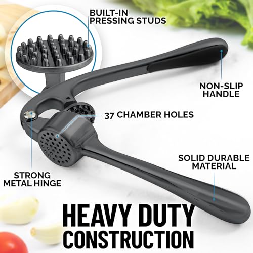 Zulay Kitchen Premium Garlic Press Set - Rust Proof & Dishwasher Safe Professional Garlic Mincer Tool - Easy-Squeeze, Easy-Clean with Soft, Ergonomic Handle - Silicone Garlic Peeler & Brush (Silver)