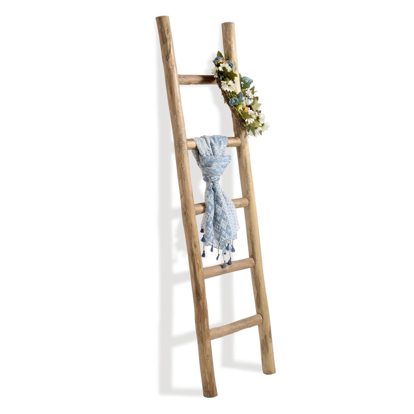 FUIN Fully Assembled 57in Wood Blanket Ladder Living Room Decorative Wall Leaning Farmhouse Quilt Display Holder Rustic Wooden Towel Rack for Bathroom, Unfinished