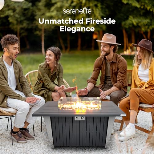 SereneLife Outdoor Propane Gas Fire Pit Table – 50,000 BTU Auto-Ignition Firepit with Glass Wind Guard, Black Tempered Glass Top & Clear Glass Rocks for Garden, Patio, or Backyard