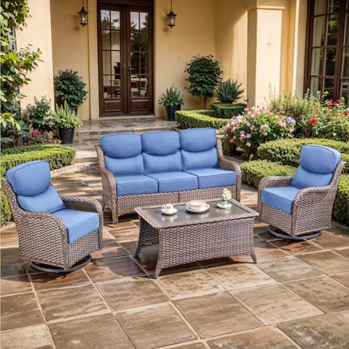Luxury Outdoor Swivel Rocker Patio Chairs, High Back Swivel Patio Chairs with Side Table & 6-Inch Thick Cushions, Wicker Outdoor Bistro Set for Porch, Yard, Deck, Poolside, Brown/Beige
