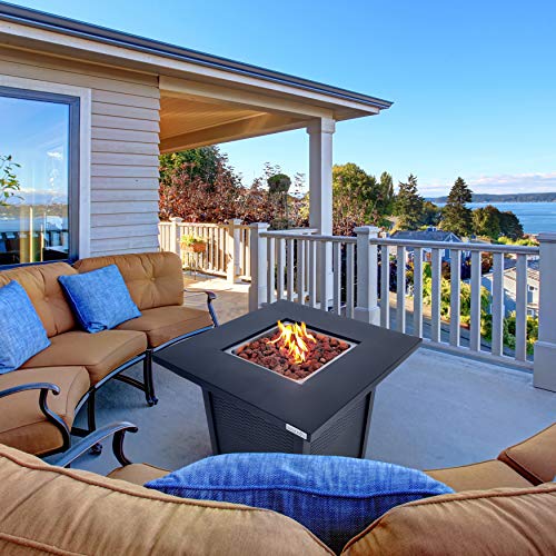 SereneLife Outdoor Propane Gas Fire Pit Table – 50,000 BTU Auto-Ignition Firepit with Glass Wind Guard, Black Tempered Glass Top & Clear Glass Rocks for Garden, Patio, or Backyard