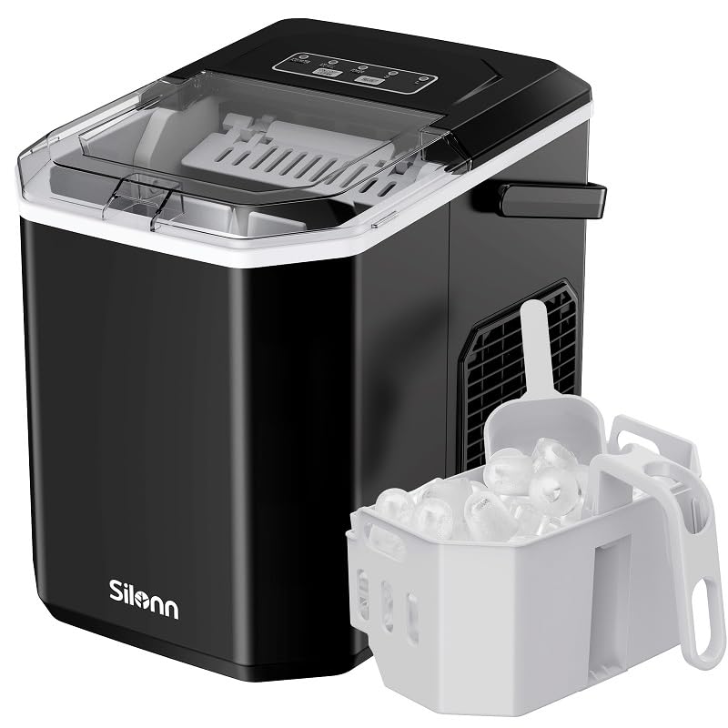 Silonn Ice Maker Countertop, Portable Ice Machine with Carry Handle, Self-Cleaning Ice Makers with Basket and Scoop, 9 Cubes in 6 Mins, 26 lbs per Day, Ideal for Home, Kitchen, Camping, RV