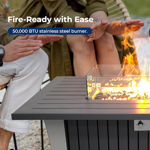 SereneLife Outdoor Propane Gas Fire Pit Table – 50,000 BTU Auto-Ignition Firepit with Glass Wind Guard, Black Tempered Glass Top & Clear Glass Rocks for Garden, Patio, or Backyard
