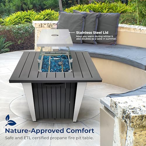 SereneLife Outdoor Propane Gas Fire Pit Table – 50,000 BTU Auto-Ignition Firepit with Glass Wind Guard, Black Tempered Glass Top & Clear Glass Rocks for Garden, Patio, or Backyard