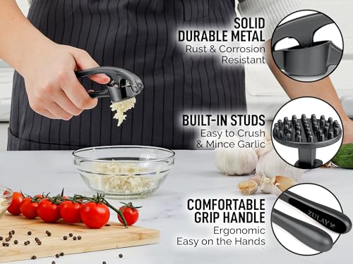 Zulay Kitchen Premium Garlic Press Set - Rust Proof & Dishwasher Safe Professional Garlic Mincer Tool - Easy-Squeeze, Easy-Clean with Soft, Ergonomic Handle - Silicone Garlic Peeler & Brush (Silver)