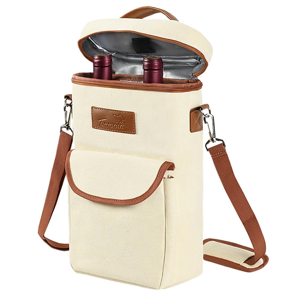 Tirrinia 2 Bottle Leakproof Insulated Wine Tote Carrier Bag - Padded Cooler for Travel, Restaurants, Tasting, Parties, Great Gift for Wine Lovers