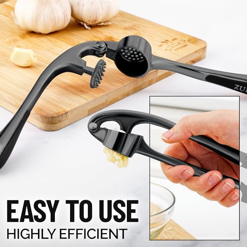 Zulay Kitchen Premium Garlic Press Set - Rust Proof & Dishwasher Safe Professional Garlic Mincer Tool - Easy-Squeeze, Easy-Clean with Soft, Ergonomic Handle - Silicone Garlic Peeler & Brush (Silver)