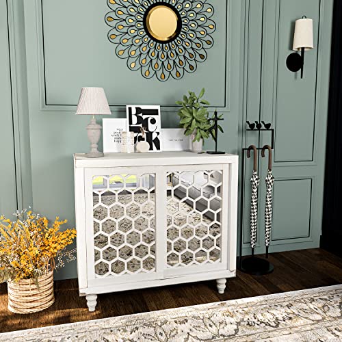HOMPUS Accent Cabinet with Doors and Shelf,Rustic Boho Decorative Buffet Cabinet with Wood Grain Finish,Buffet Sideboard Storage Cabinet with Flower Pattern,Farmhouse Cabinet for Living Room,Entryway