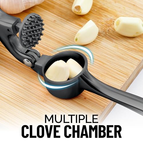 Zulay Kitchen Premium Garlic Press Set - Rust Proof & Dishwasher Safe Professional Garlic Mincer Tool - Easy-Squeeze, Easy-Clean with Soft, Ergonomic Handle - Silicone Garlic Peeler & Brush (Silver)