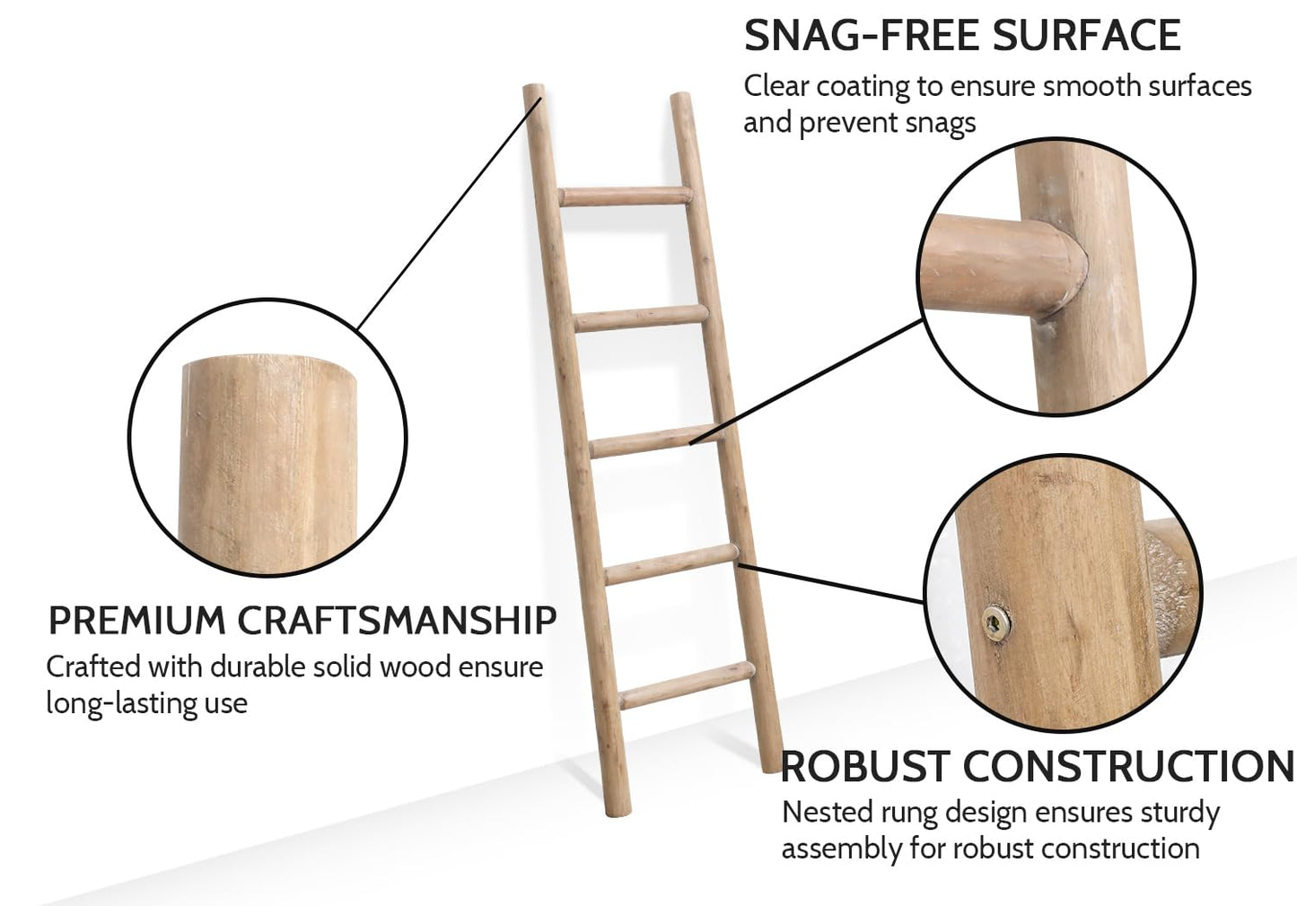 FUIN Fully Assembled 57in Wood Blanket Ladder Living Room Decorative Wall Leaning Farmhouse Quilt Display Holder Rustic Wooden Towel Rack for Bathroom, Unfinished