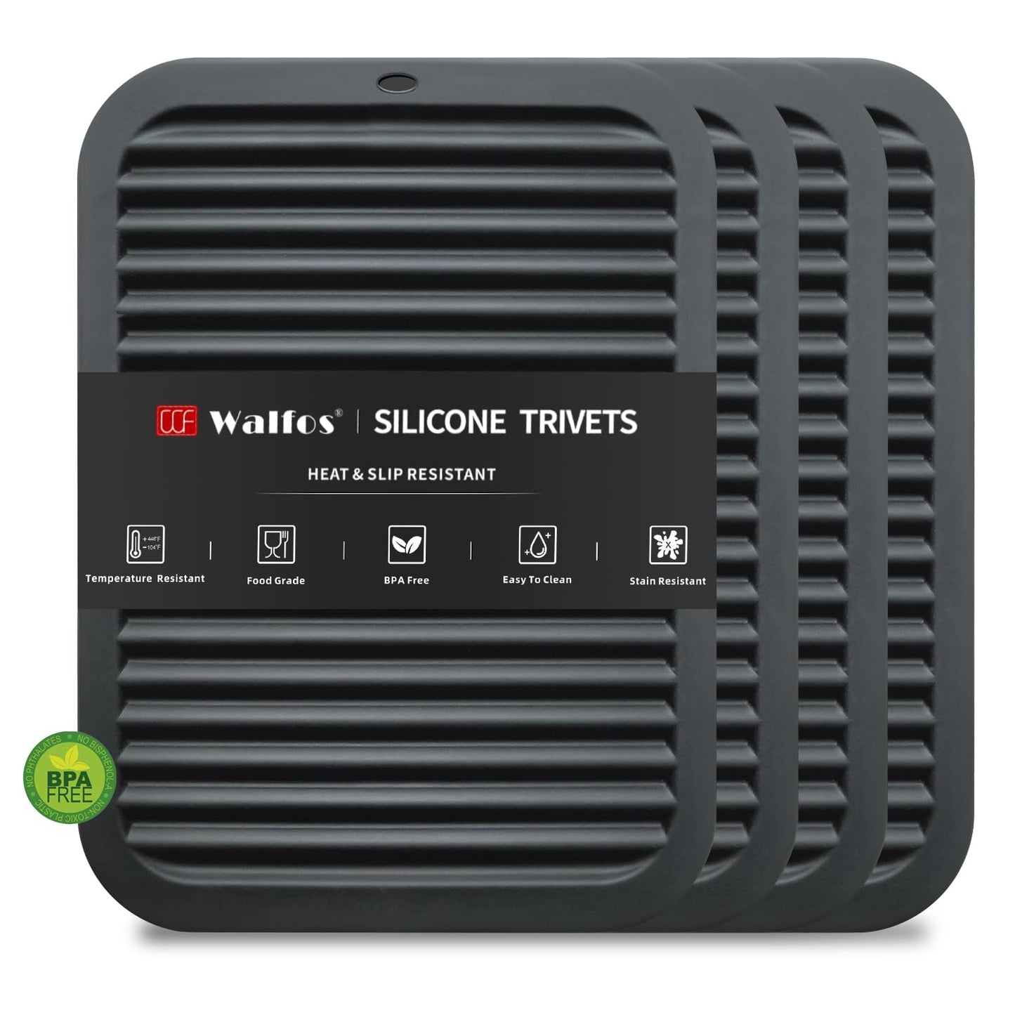 Walfos Silicone Trivet Mats - 4 Heat Resistant Pot Holders, Multipurpose Non-Slip Hot Pads for Kitchen Potholders, Hot Dishers, Jar Opener, Spoon Holder, Food Grade Silicone & BPA Free (Black)