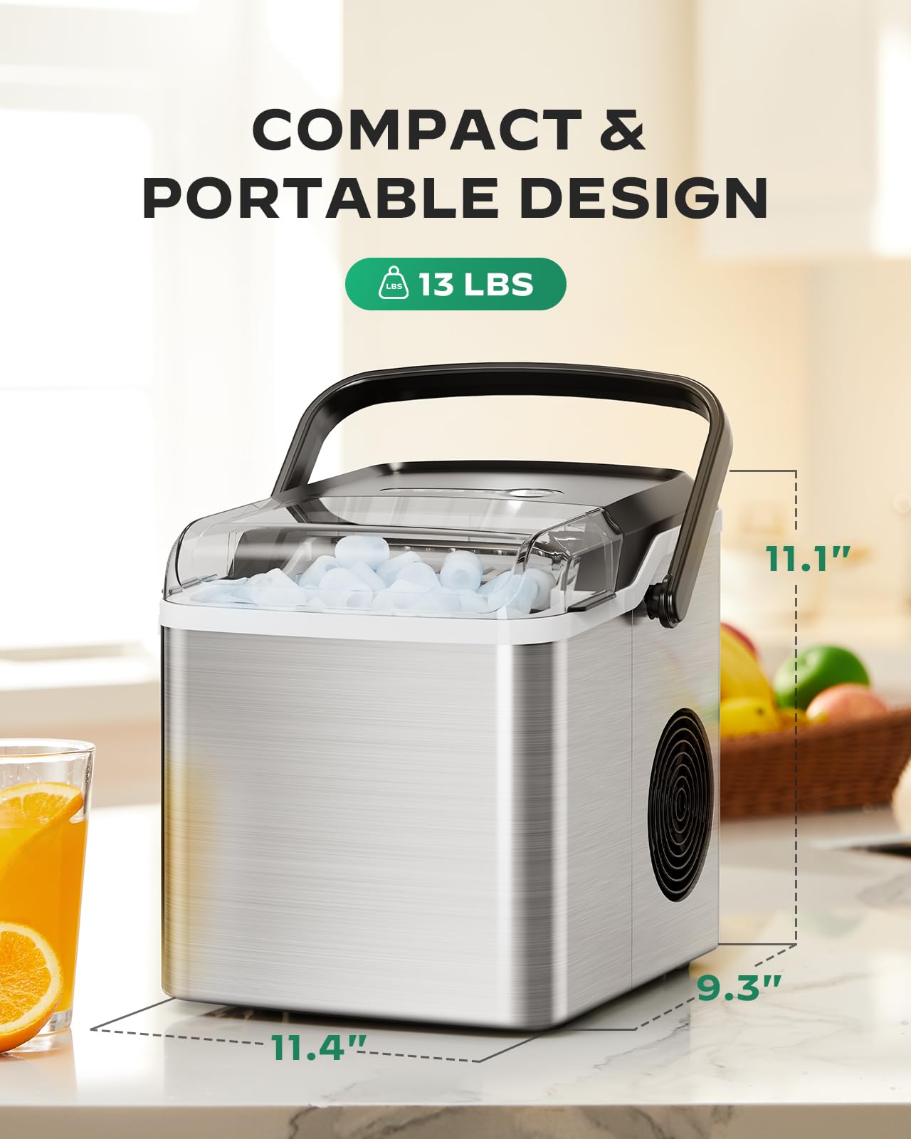 Silonn Ice Maker Countertop, Portable Ice Machine with Carry Handle, Self-Cleaning Ice Makers with Basket and Scoop, 9 Cubes in 6 Mins, 26 lbs per Day, Ideal for Home, Kitchen, Camping, RV