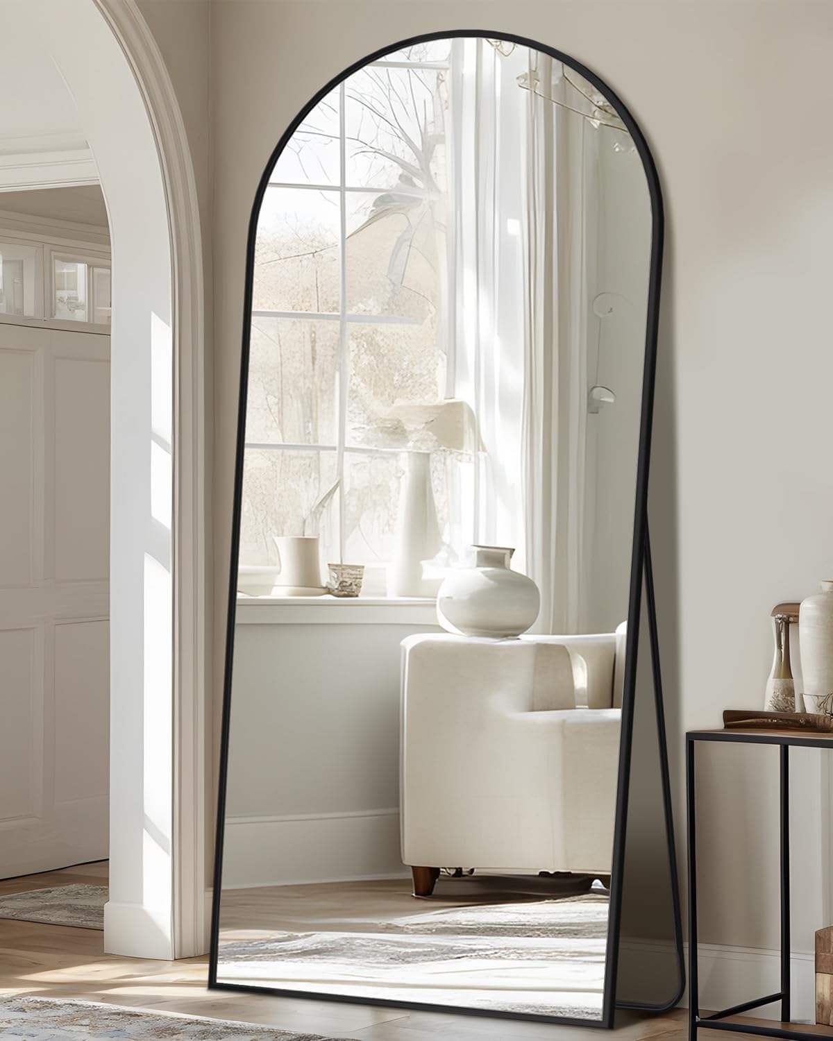 Full Length Mirror, 76"x34" Arched Floor Mirror Freestanding, Floor Standing Full Body Mirror with Stand for Bedroom, Hanging Mounted for Living Room Cloakroom, Black