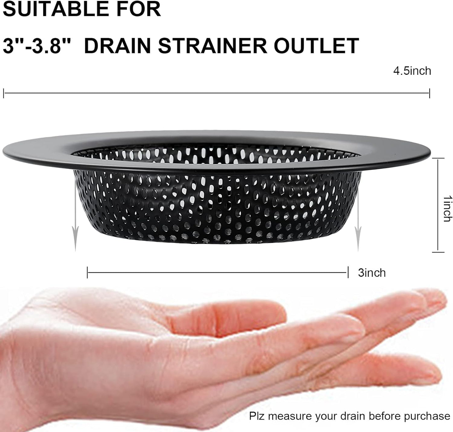 LASSHSWA 2 PCS Matte Black Kitchen Sink Strainer Stainless Steel, Kitchen Sink Drain Strainer, Sink Strainers with Large Wide Rim 4.5" Diameter for Kitchen Sinks (NO Bump - Avoid Paint Peeling)