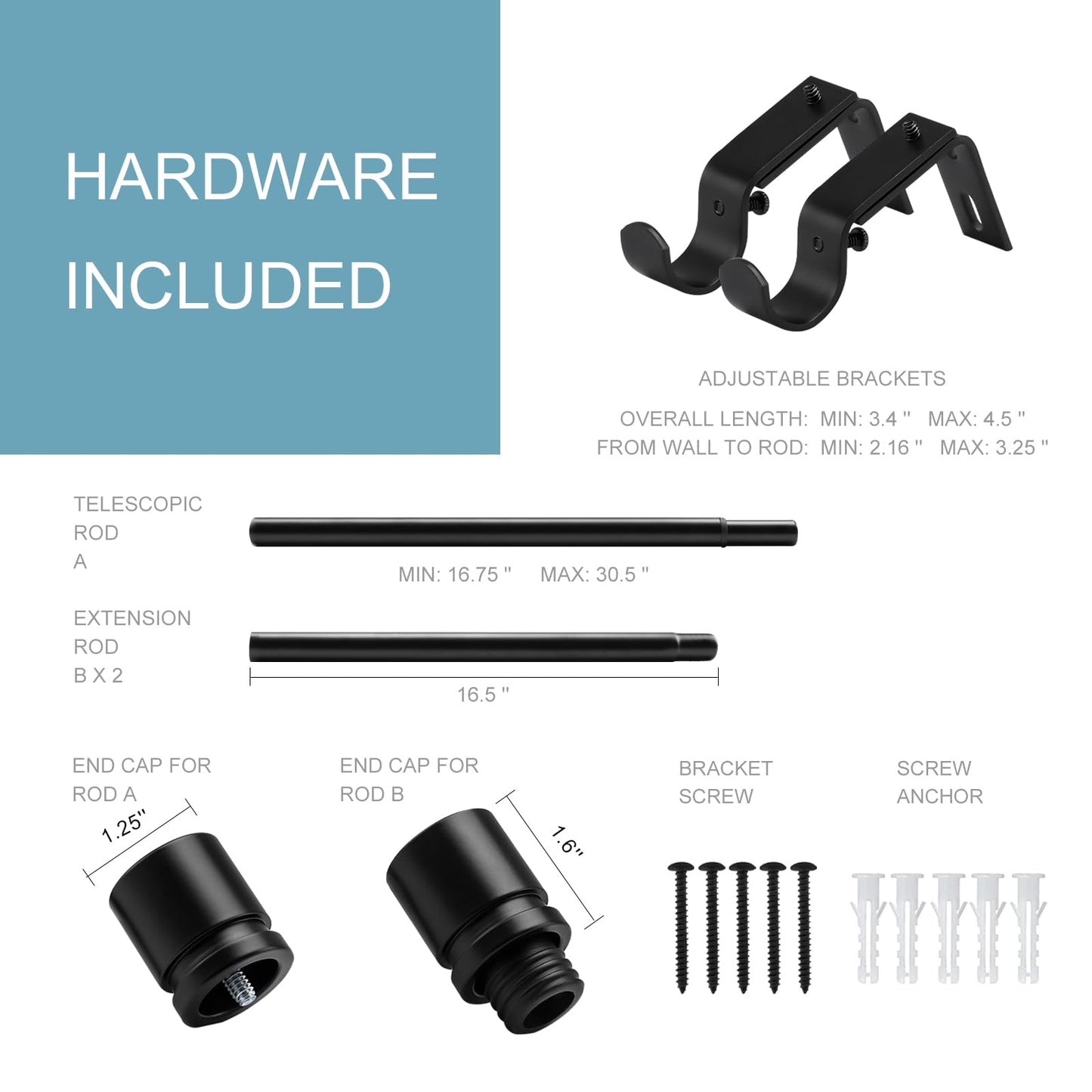 Curtain Rods for Windows 16 to 144 Inches Adjustable Length 1 Inch Diameter Window Curtain Rod with Aluminium Finials, Black