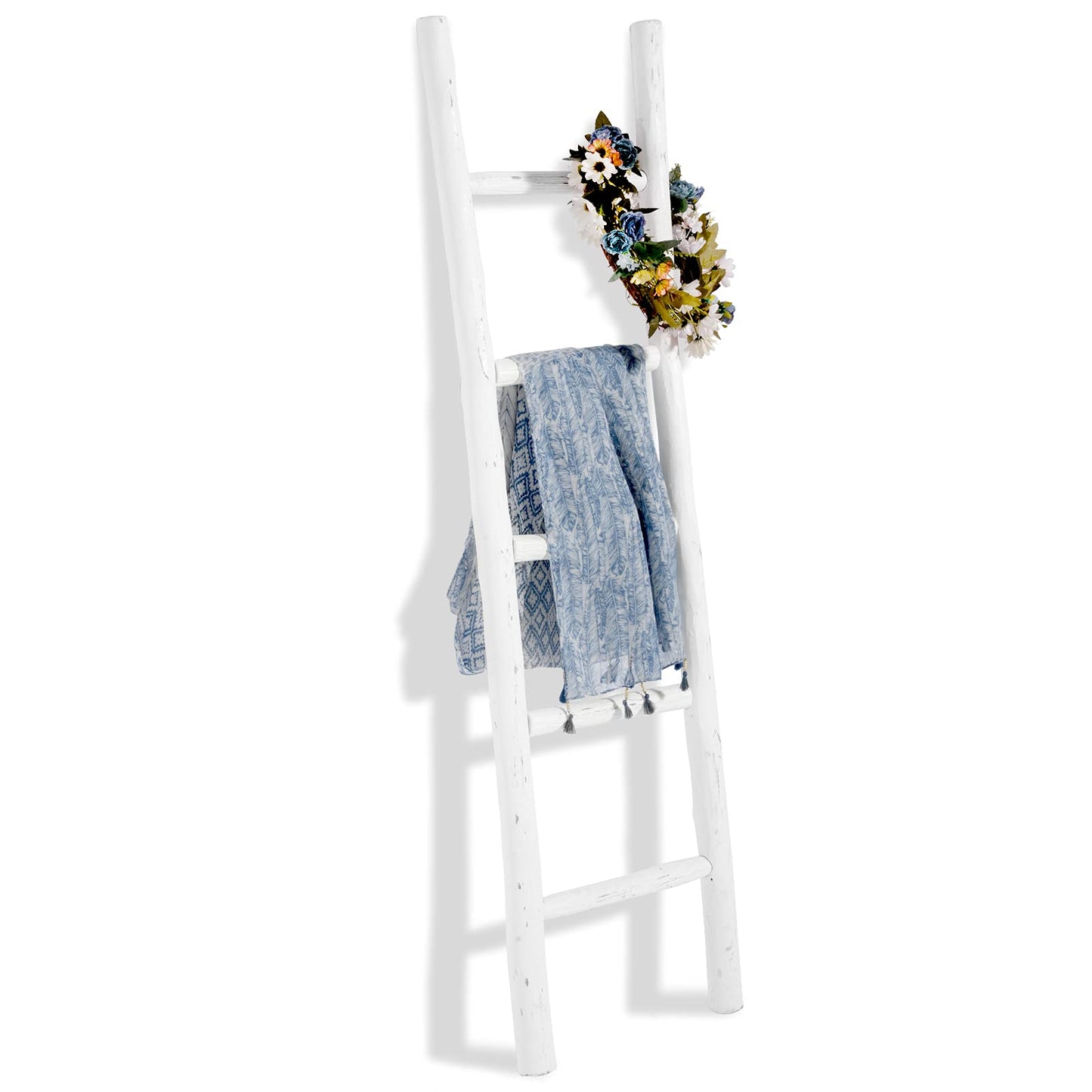 FUIN Fully Assembled 57in Wood Blanket Ladder Living Room Decorative Wall Leaning Farmhouse Quilt Display Holder Rustic Wooden Towel Rack for Bathroom, Unfinished