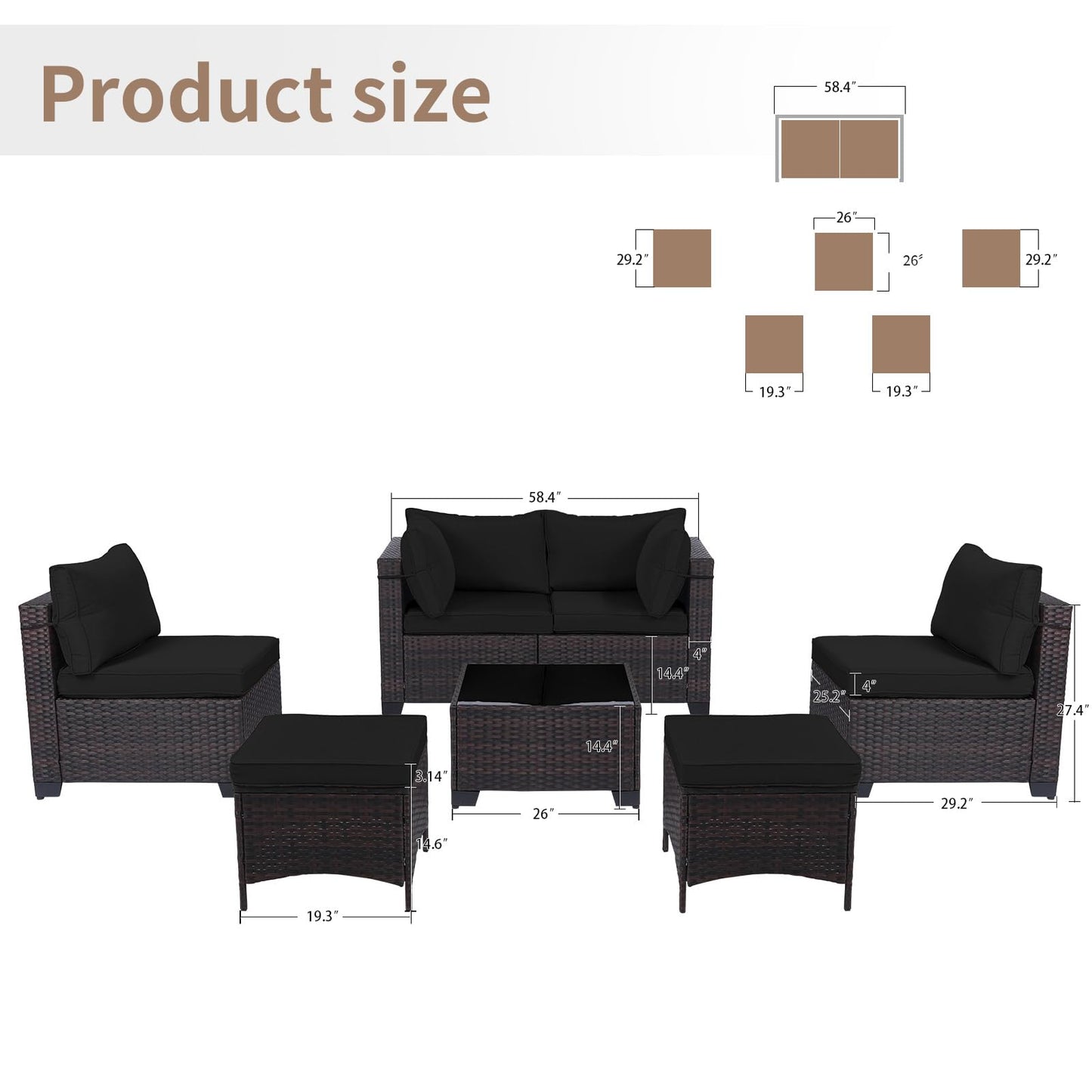 LEVELEVE 7 Pieces Outdoor Patio Furniture Sets,Rattan Conversation Sectional Set,Manual Weaving Wicker Patio Sofa with Tea Table