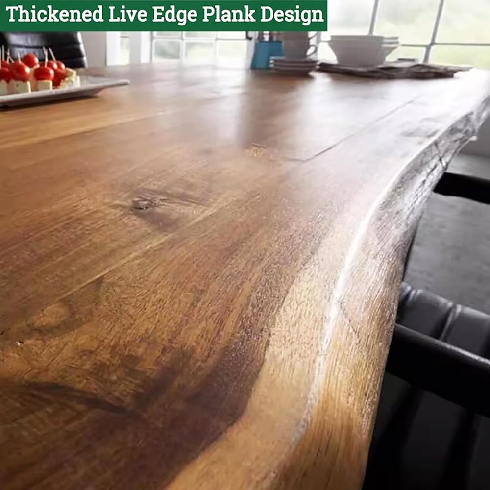 Solid Wood Large 47-78 Inch Natural Finish Wood Rectangular Dinner Table with Live Edge and Metal Base Seats up to 6-8 People for Kitchen Dining Room and Living Room(Size:180x70x75cm)